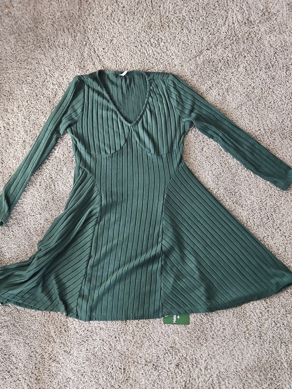 NWT Halara Green Ribbed Y2k  Fit And Flare Dress Long Sleeve Large